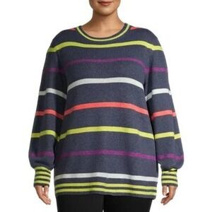 NWOT Women's Plus Chunky Colorful Striped Knit‎ Pullover Balloon Sleeve Sweater